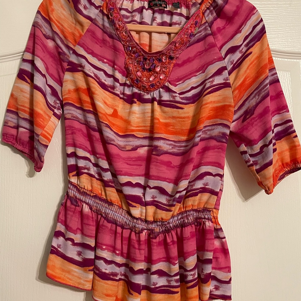 One World Colorful Women's Top with Embellished Neckline